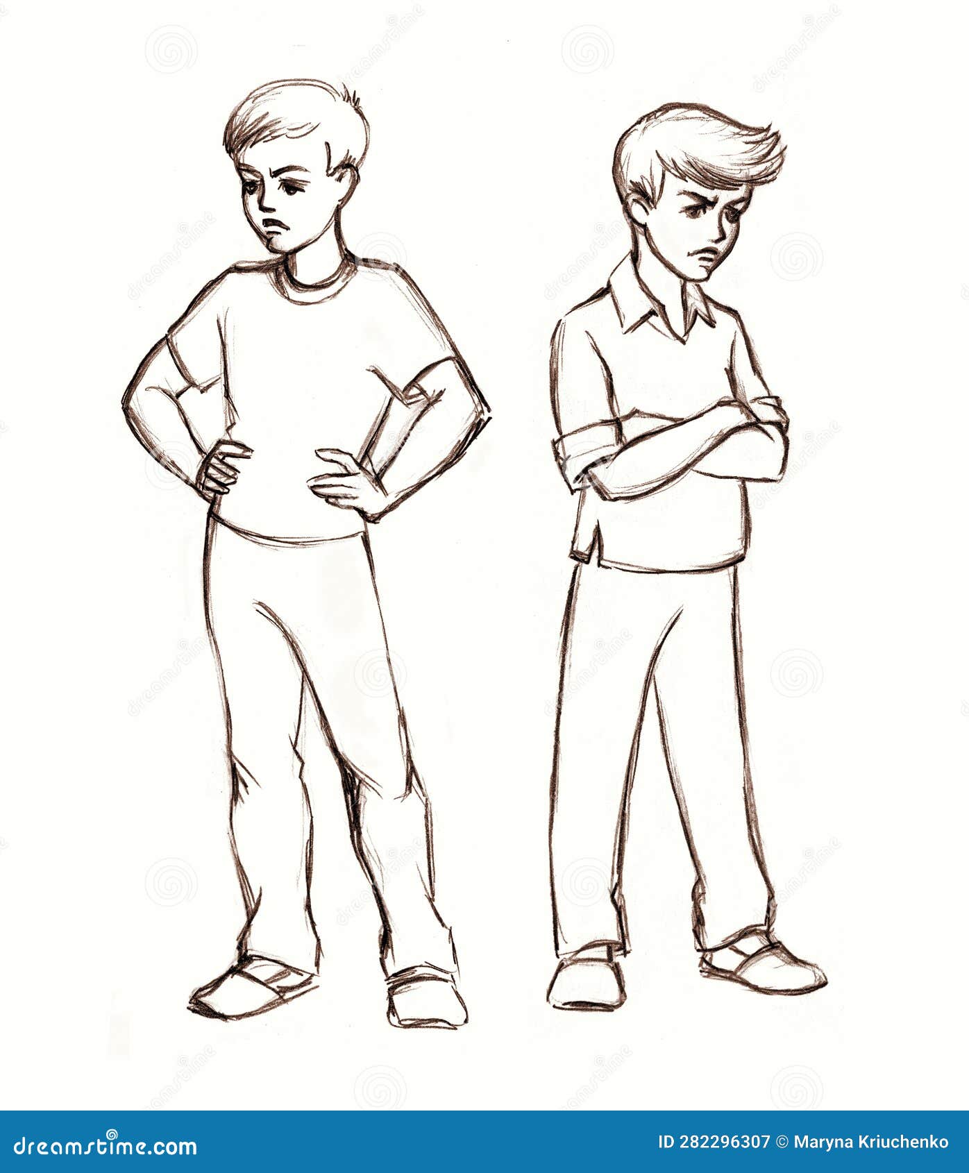 The Two Boys Quarreled. Pencil Drawing Stock Photography