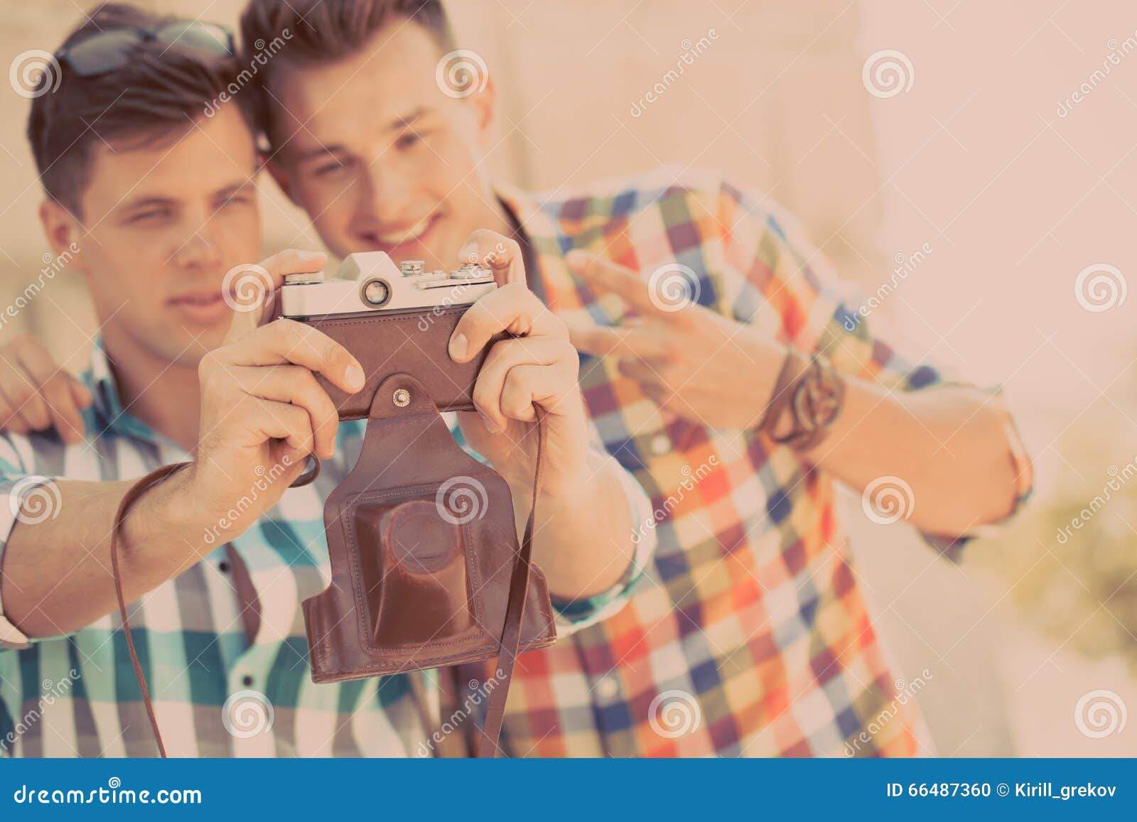 two boys with retro photo camera stock photo image of leisure