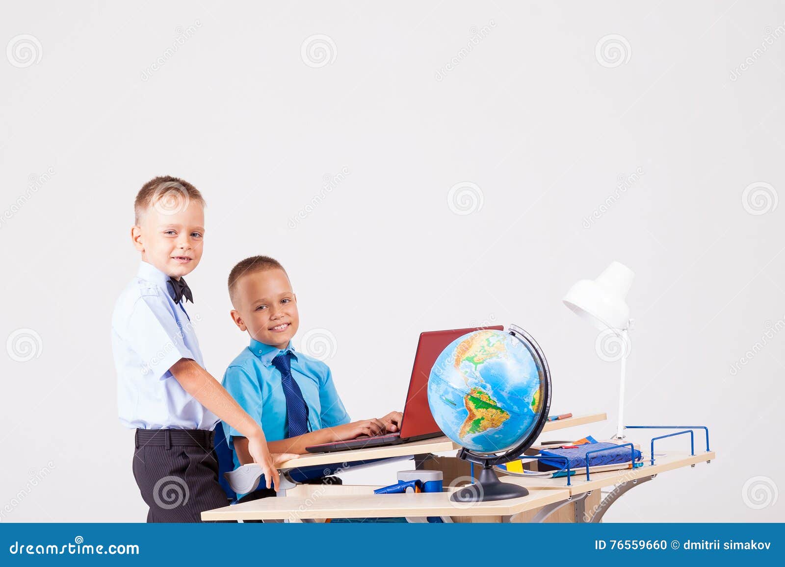 Two Boys School Computer Desk Globe Stock Photo Image Of Nursery