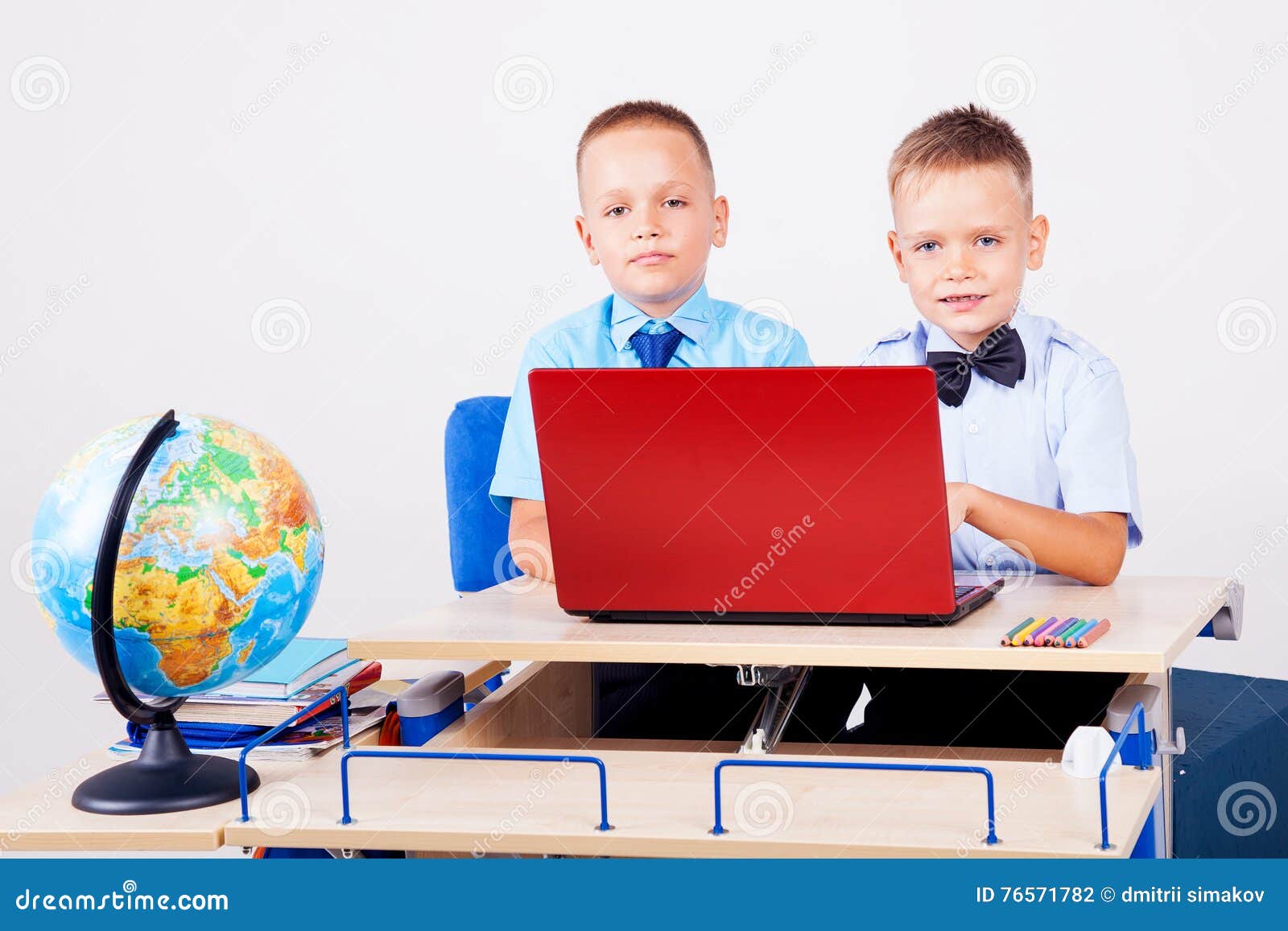 Two Boys School Computer Desk Globe Stock Photo Image Of