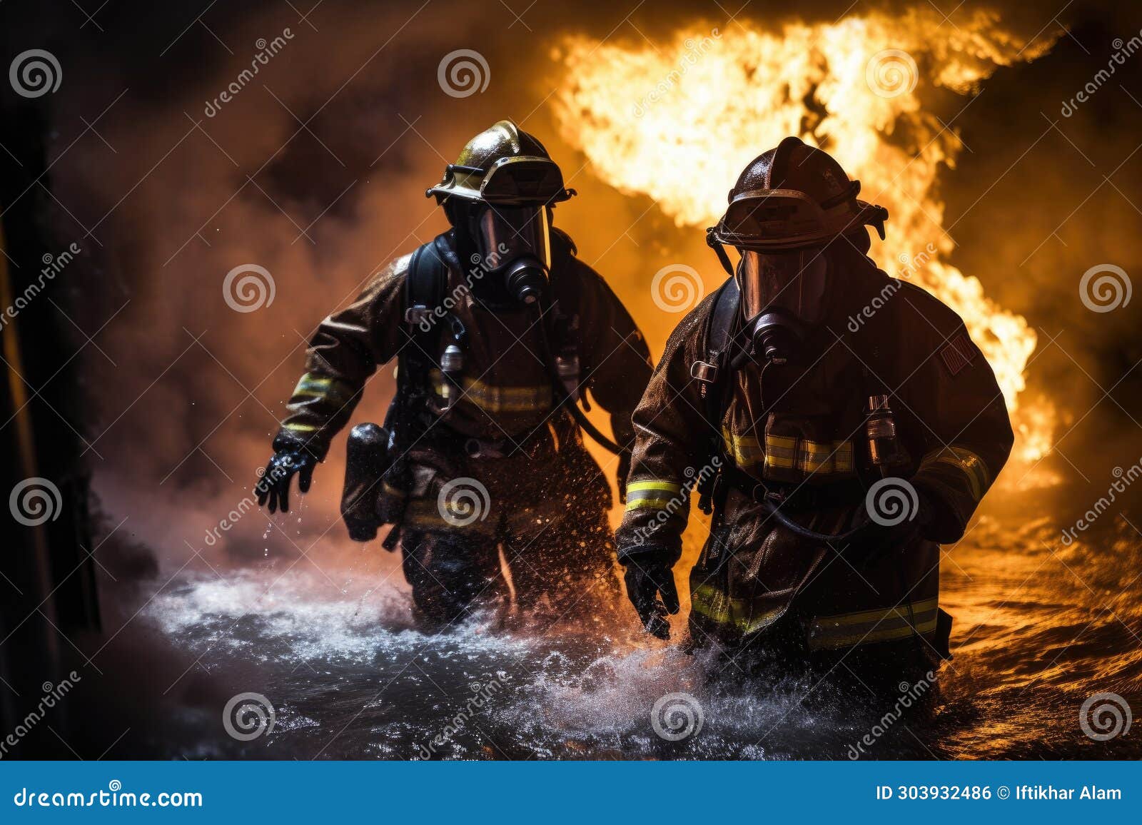 Two Brave Firefighters Wade through Water, Facing a Raging Fire with  Unwavering Determination, Firefighter Rescue Training in Fire Stock  Illustration - Illustration of risk, heroes: 303932486