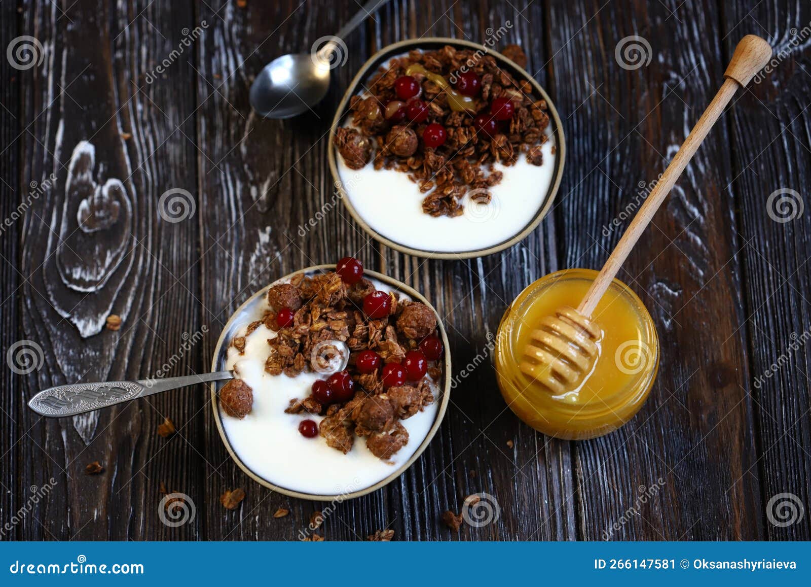 Two Breakfast Bowls with Crunches, Honey, Berries and Yogurt Stock Image Image of homemade