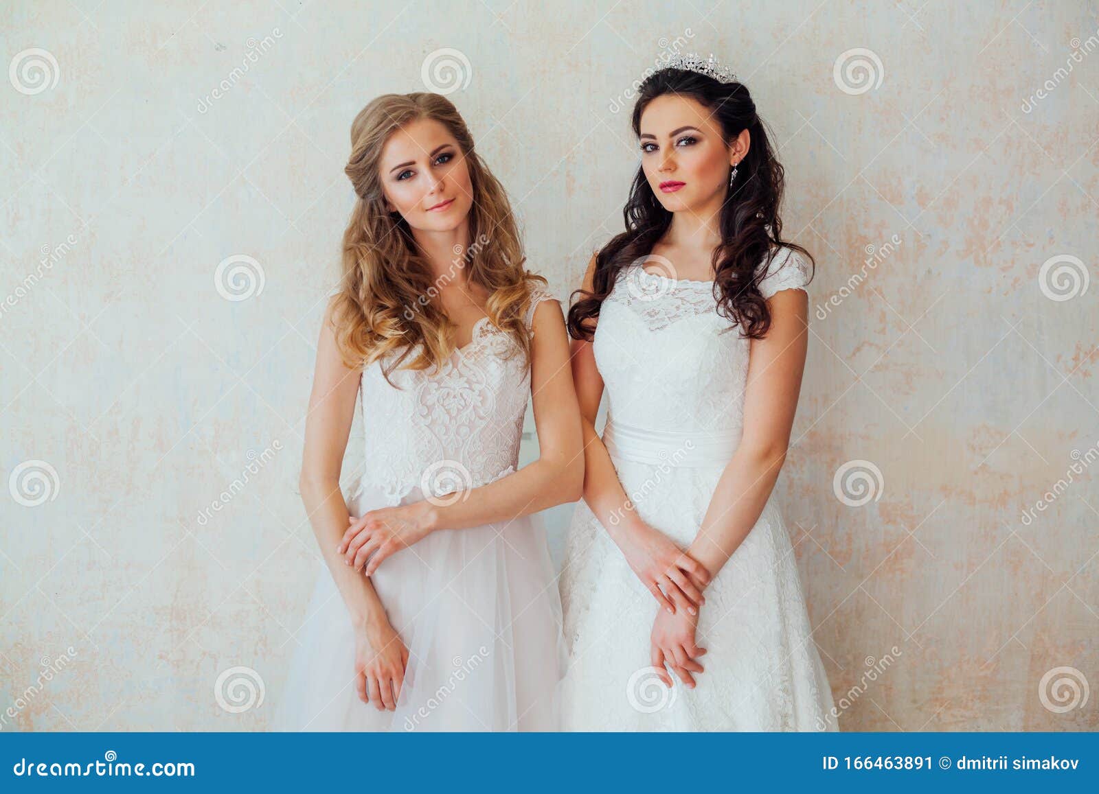 Two Brides in Wedding Dresses Wedding Blonde Brunette Stock Image ...