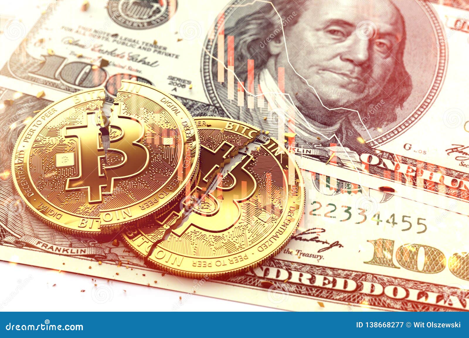 Two Broken Bitcoin Coins Laying On Dollar Bills. Red ...