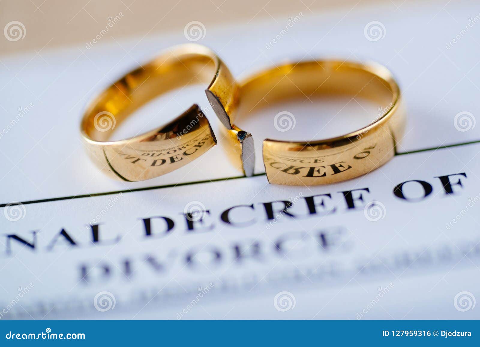 Two Broken Golden Wedding  Rings  Divorce  Decree Document 