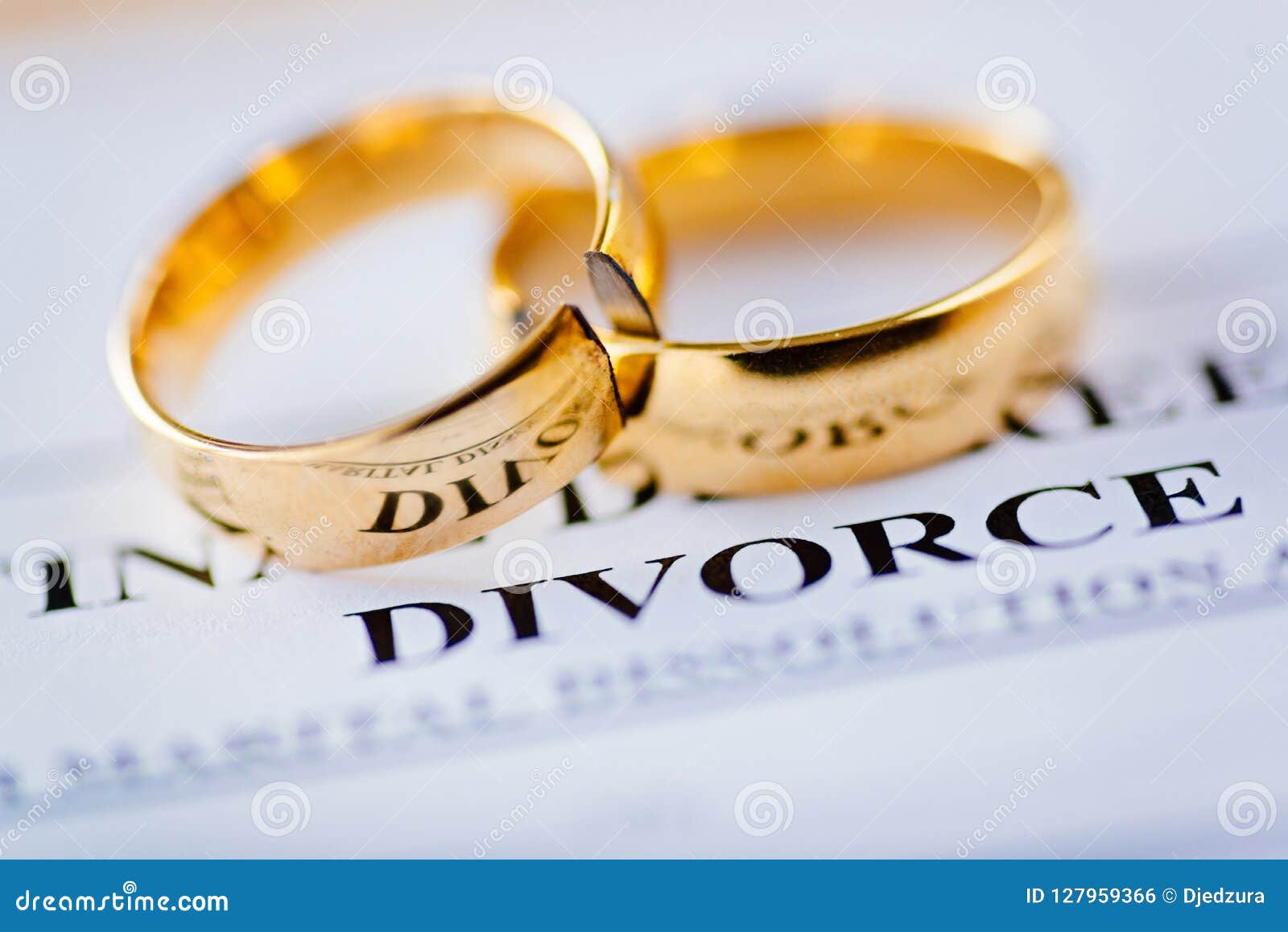Two Broken Golden Wedding  Rings  Divorce  Decree Document 