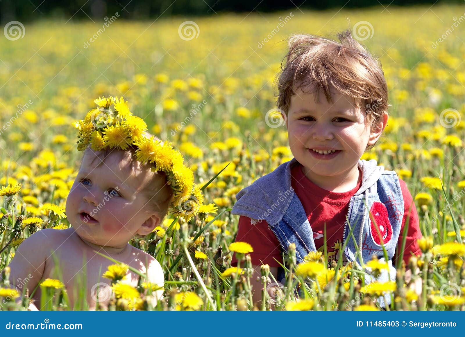 Two Brothers in Spring Flowers Stock Image Image of happiness