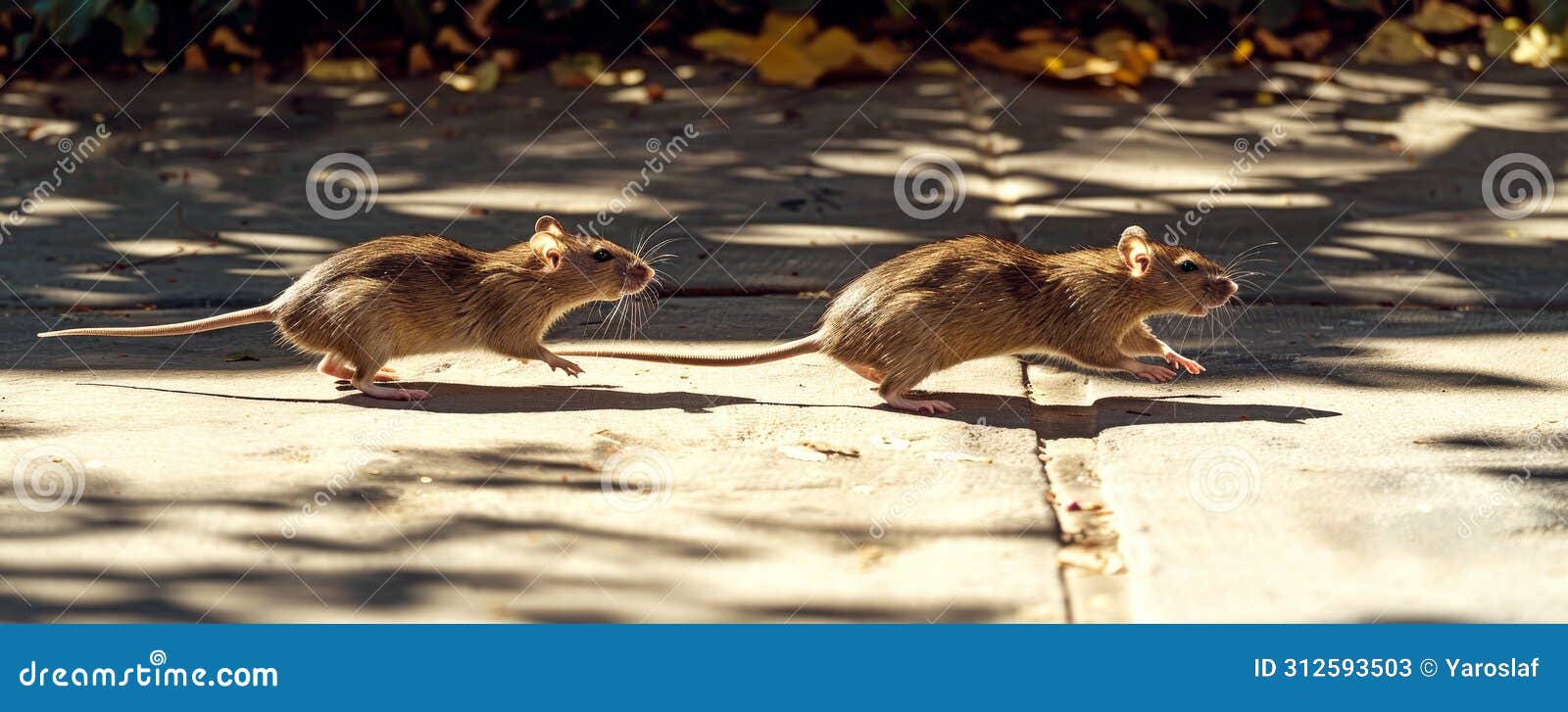 two brown rats scamper across shadow patterned pavement, their movement and alertness to surroundings captured in bright