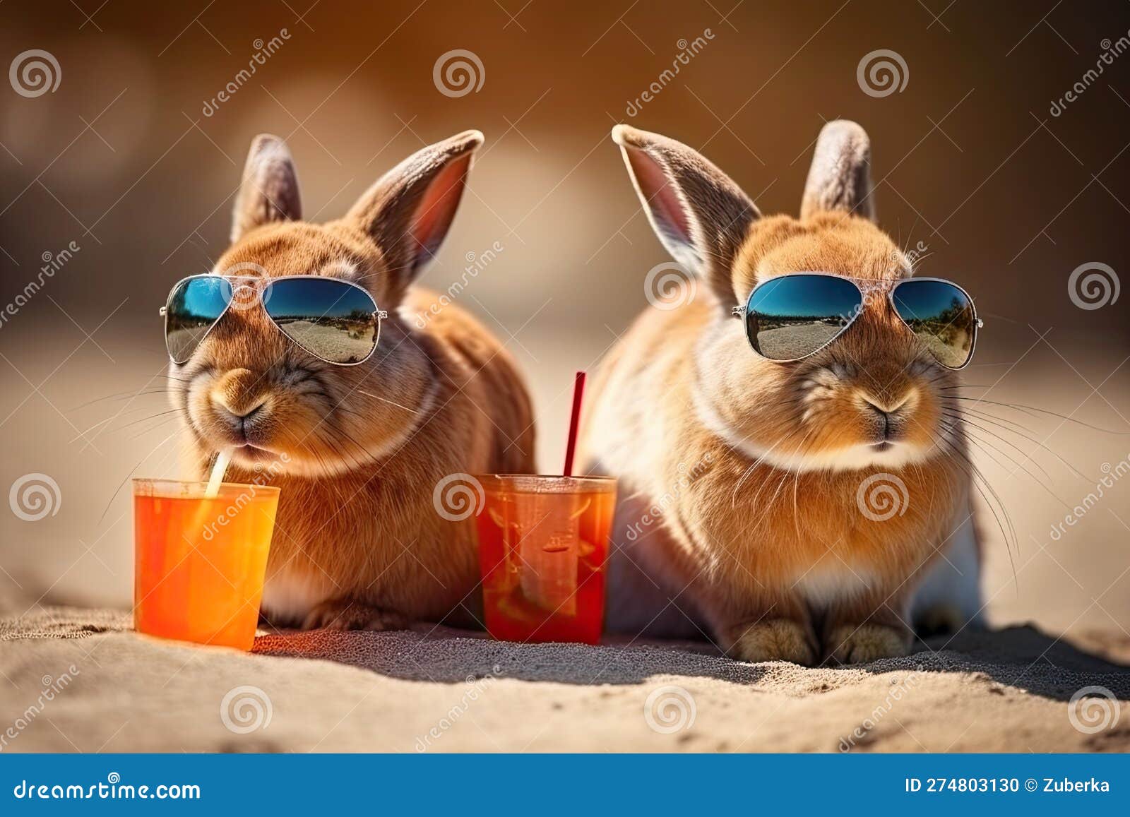 two bunnies drinking coctails on beach. ai generative