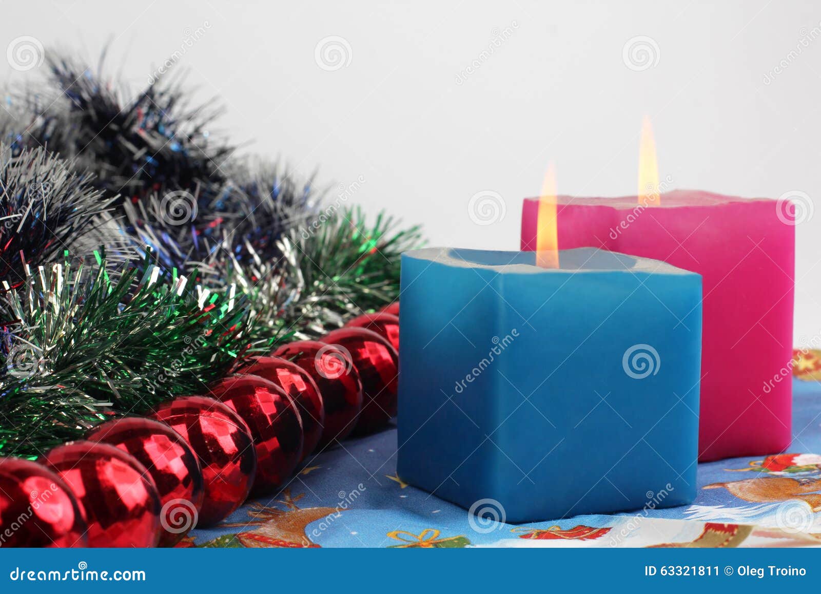 Two Burning Candles with New Year Decoration Stock Image Image of