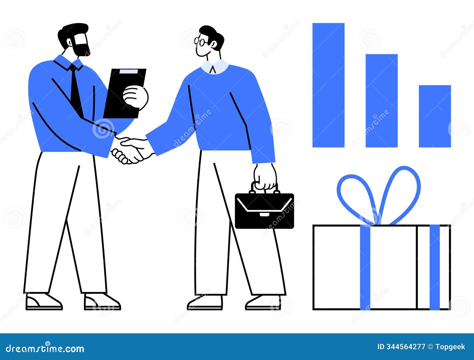 business agreement celebration with handshake, bar graph, and wrapped gift presentation