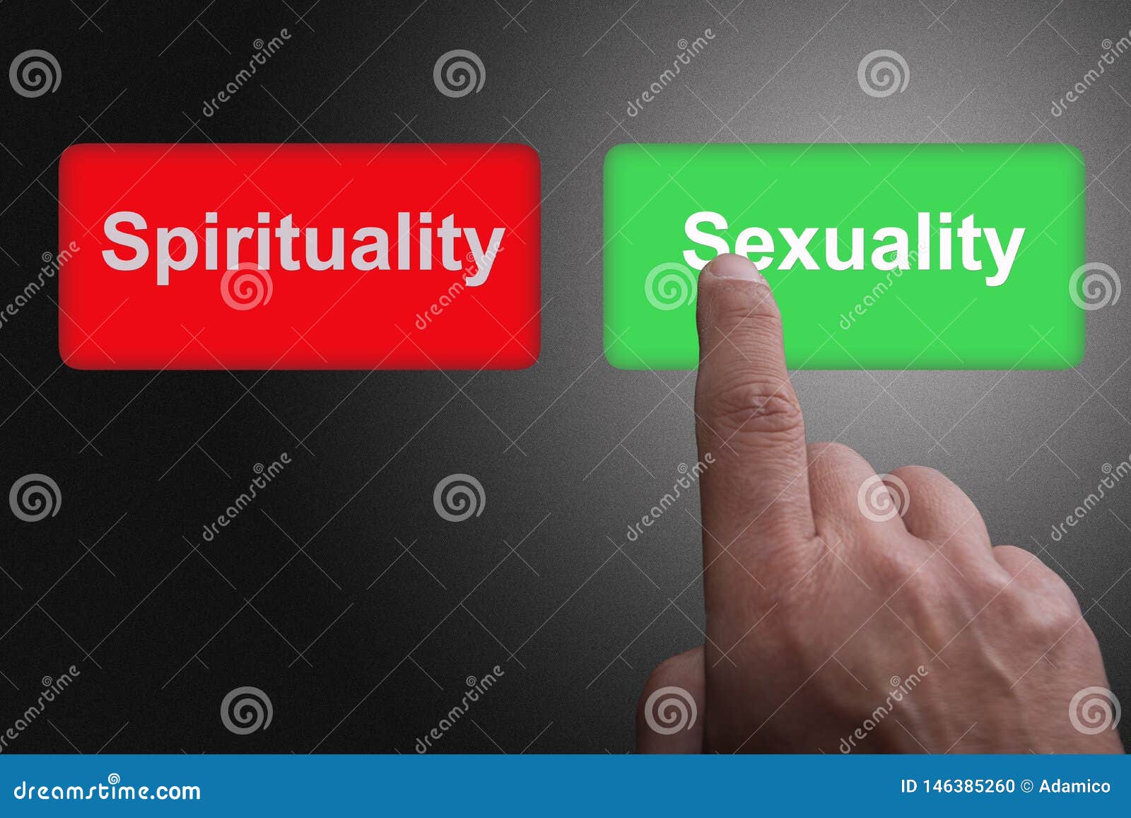 buttons with written spirituality and sexuality and pointing finger, on a gray gradient background