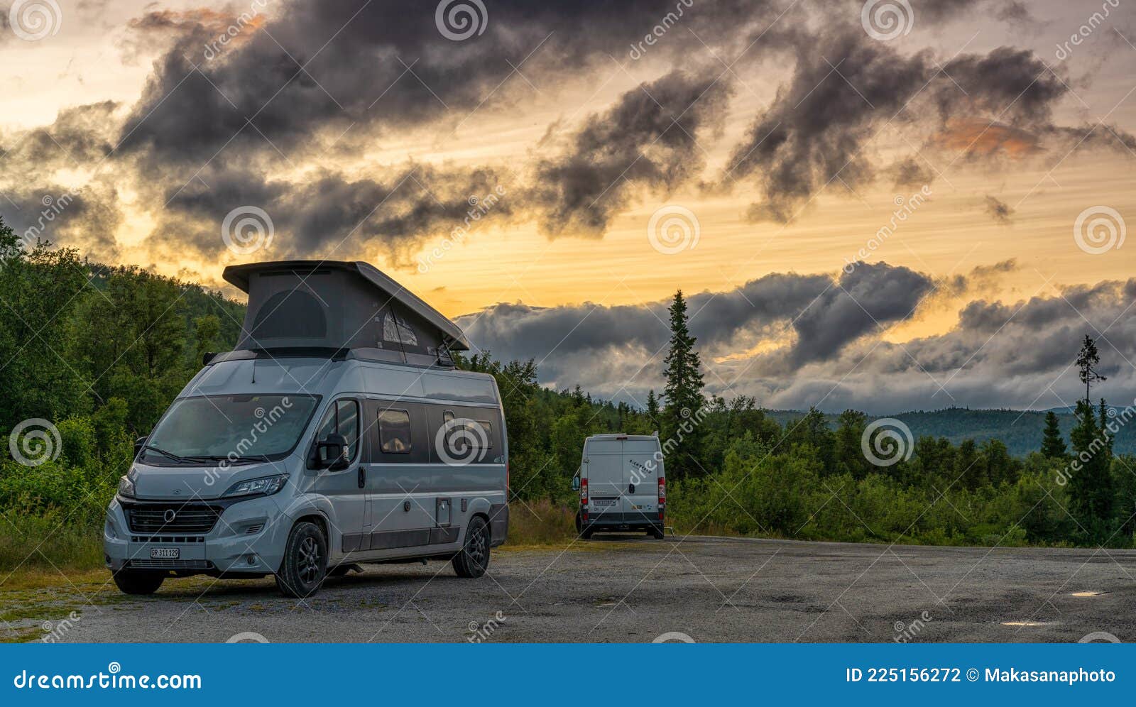 Two Camper Vans Parked in the of Northern Sweden a Colorful Sunset Sky Editorial Photography Image of orange, motor: 225156272
