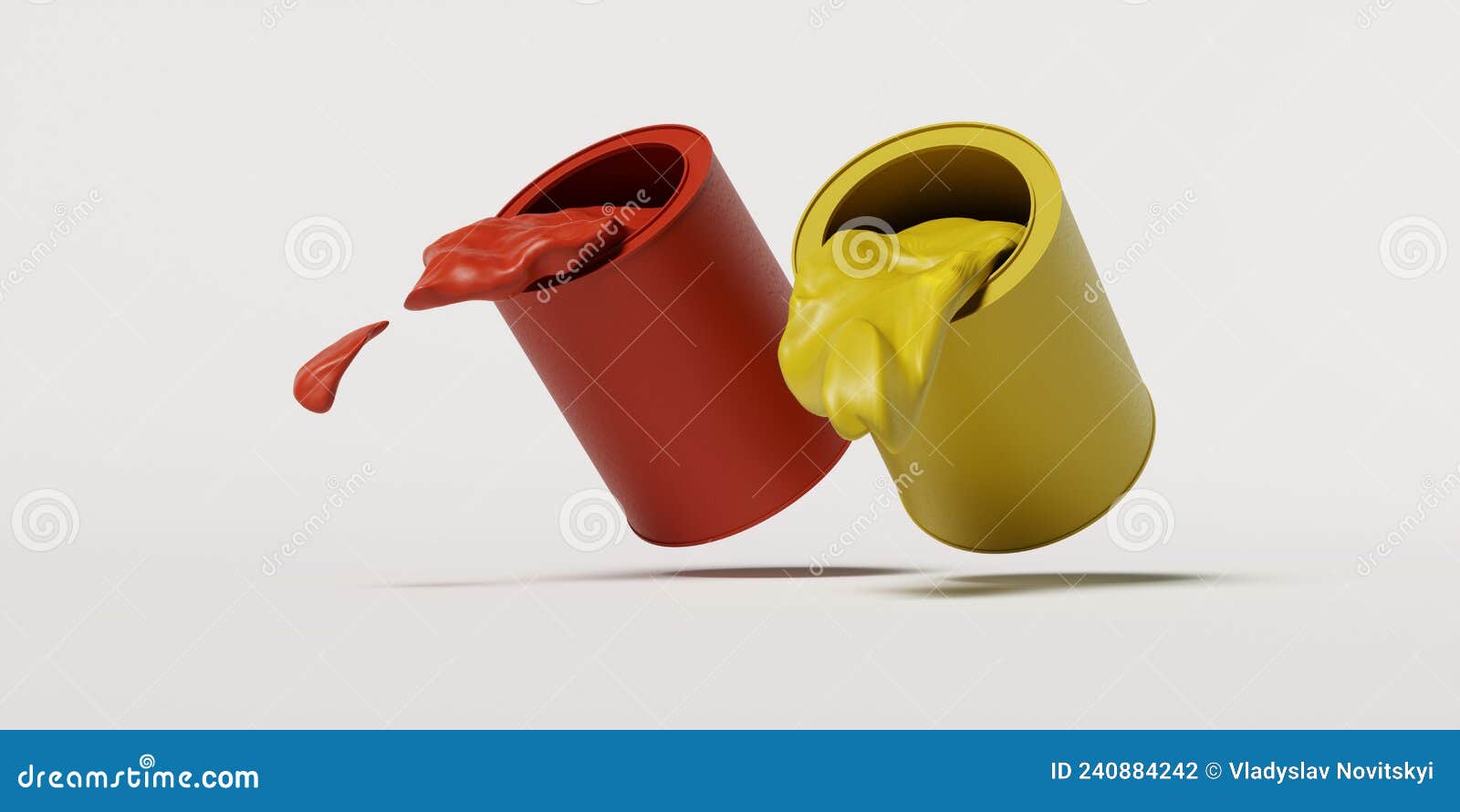 Two Cans of Paint Falling on the Surface, Red and Yellow Paint in a Can
