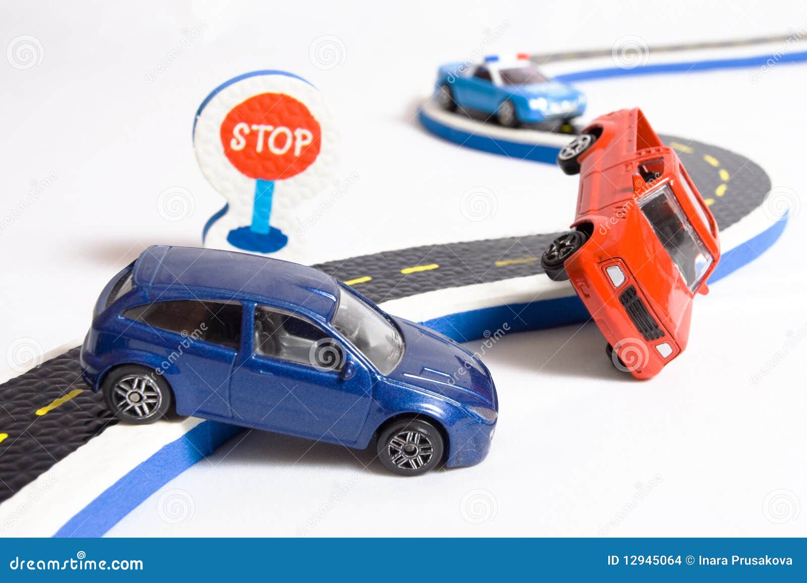 Two Cars Accident Crash on Road, Broken Toys Auto Car, Insurance Stock