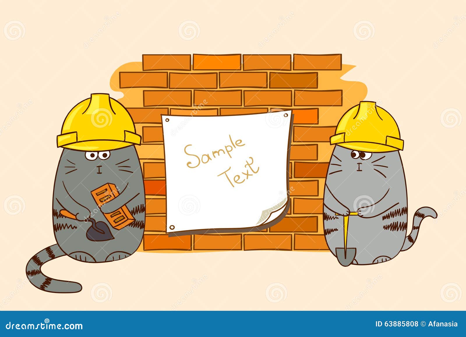 Two Cartoon Cats Builders at the Brick Wall. Stock Vector