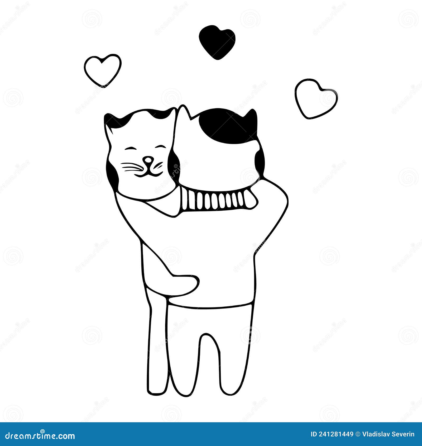 Two cats in love hug doodle icon. Cute pets - Stock