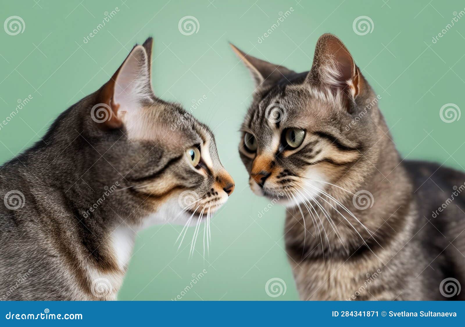 Two Cats Loving Each Other on a Green Background Stock Illustration