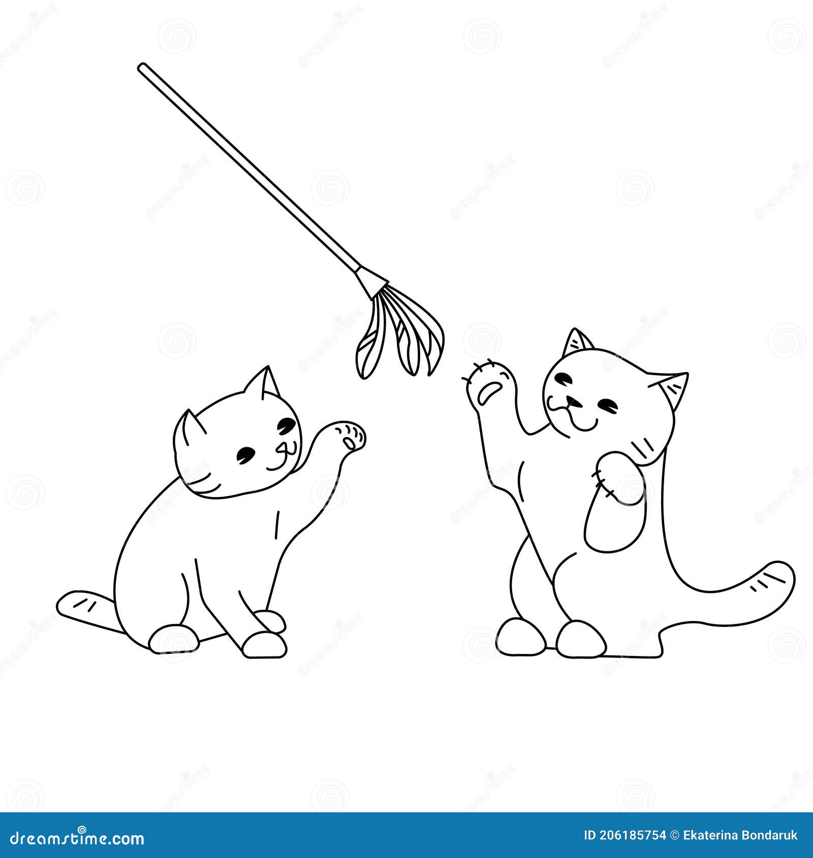 Two Cats Play with a Toy Rod with Feathers for Teasing. Vector