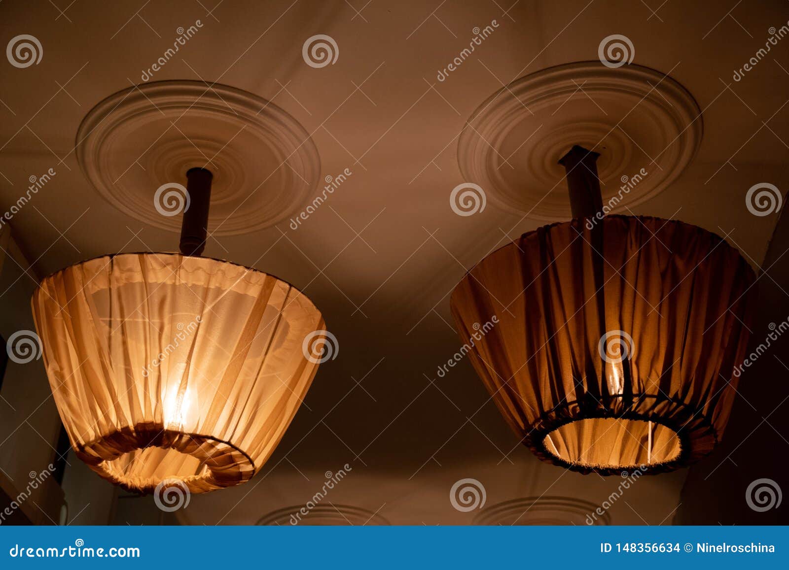 Two Ceiling Lamps With Retro Style Lampshades Draped With Tulle