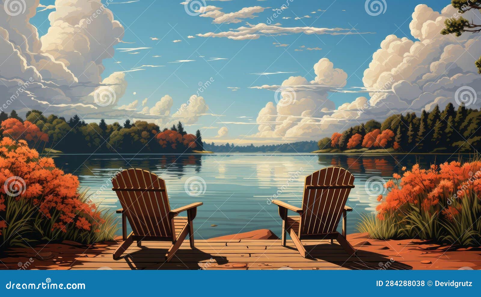 two chairs on a dock overlooking a lake. generative ai.