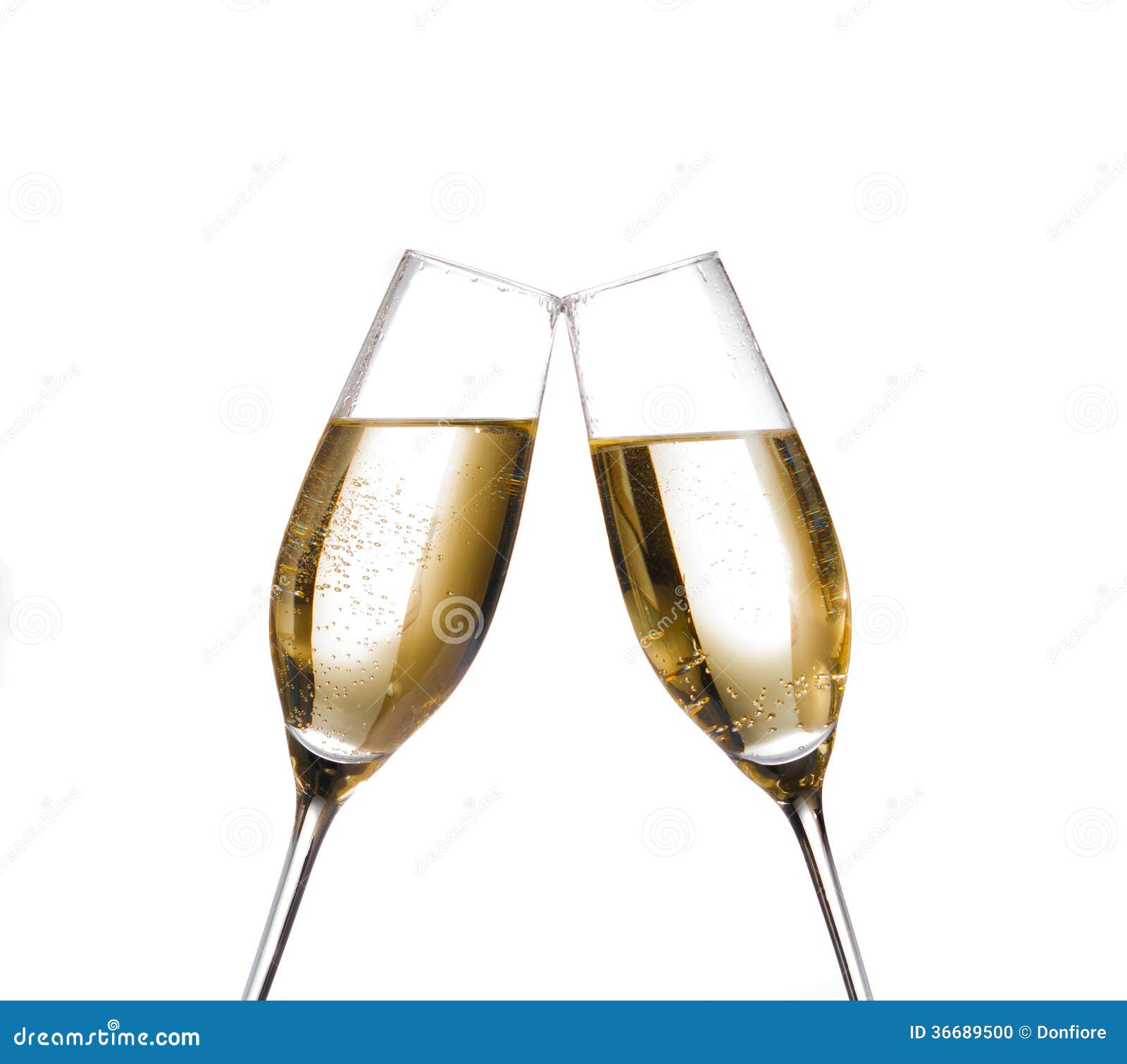 two champagne flutes with golden bubbles make cheers on white background