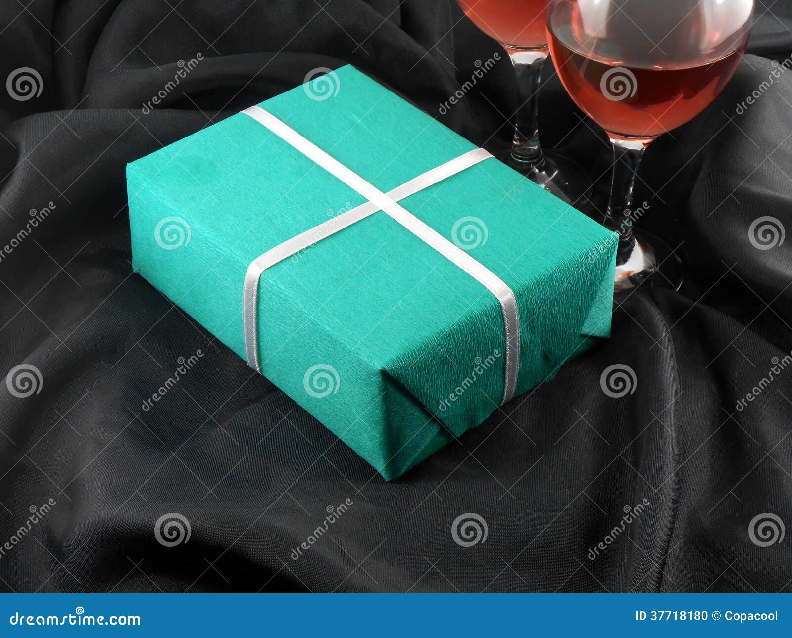 Two Champagne Glasses and Green Gift Box Stock Photo Image of