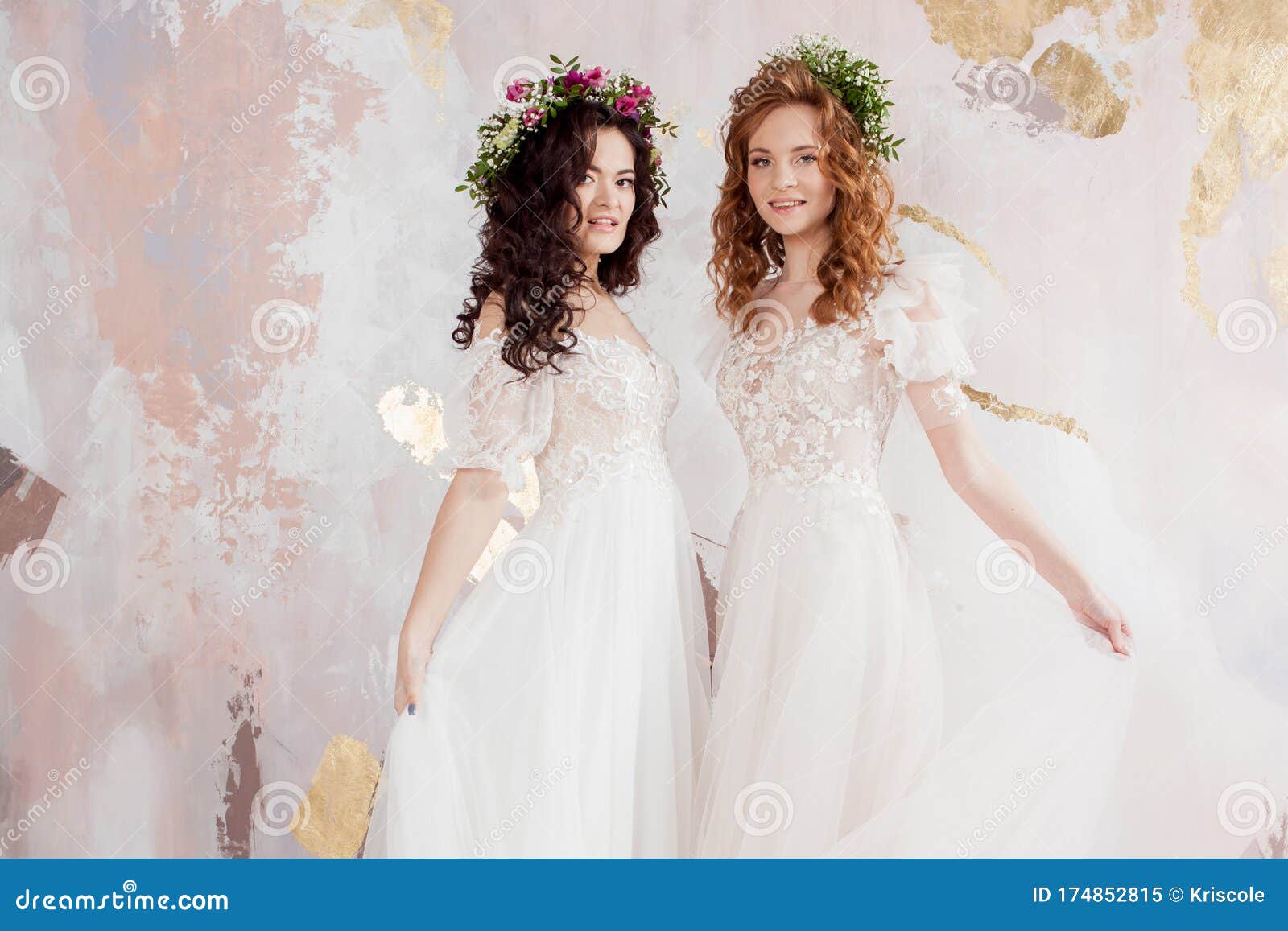 Two Charming Brides In Beautiful Spring Wreaths On Their Heads ...