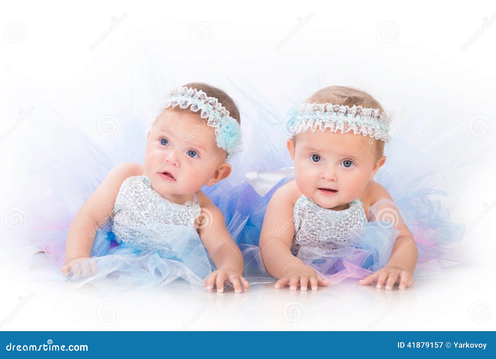 Two Charming Sisters Baby Twins In The Lush Beautiful Dresses Stock Image  Image of fours, blue 