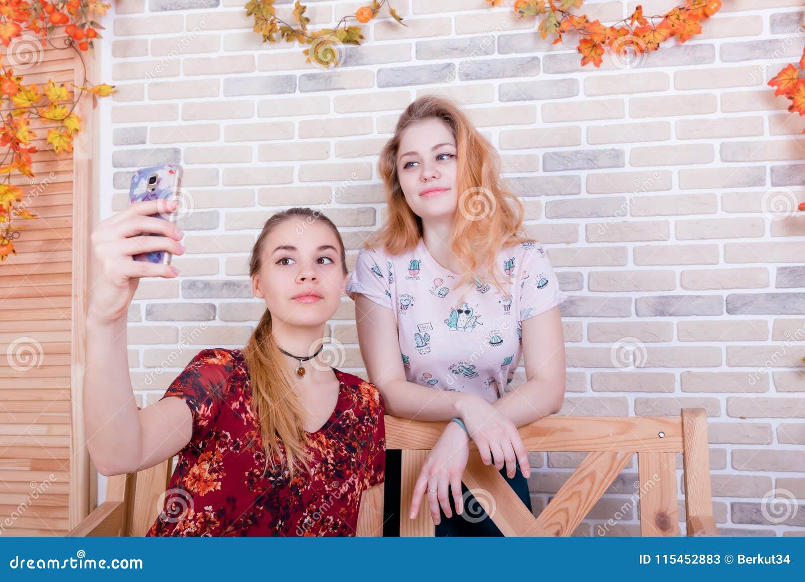 Two Charming Young Girls Take a Selfie on Phone Stock Image - Image of ...