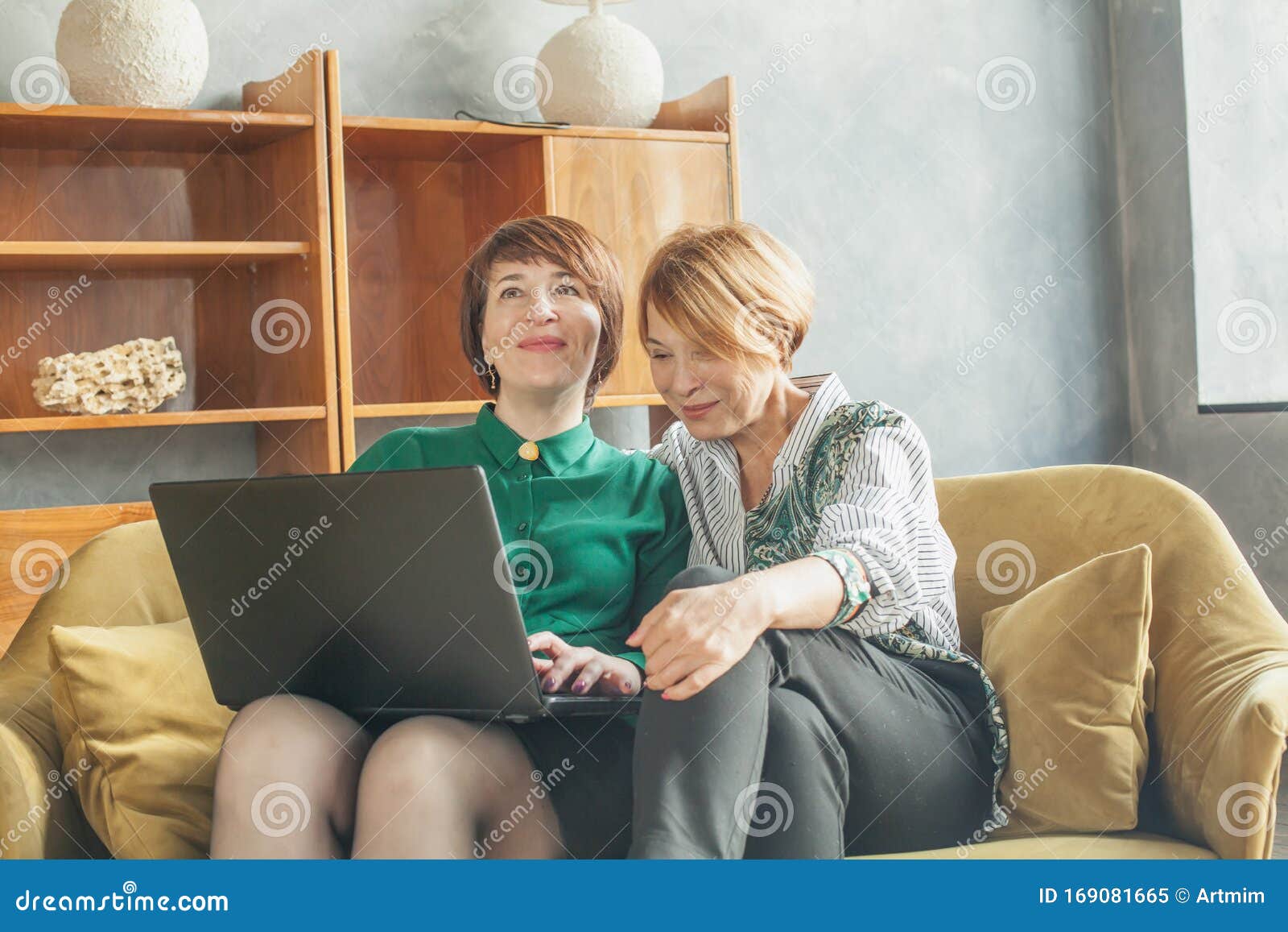 Two Cheerful Mature Women With Laptop At Home Stock Image Image Of Connection Beautiful