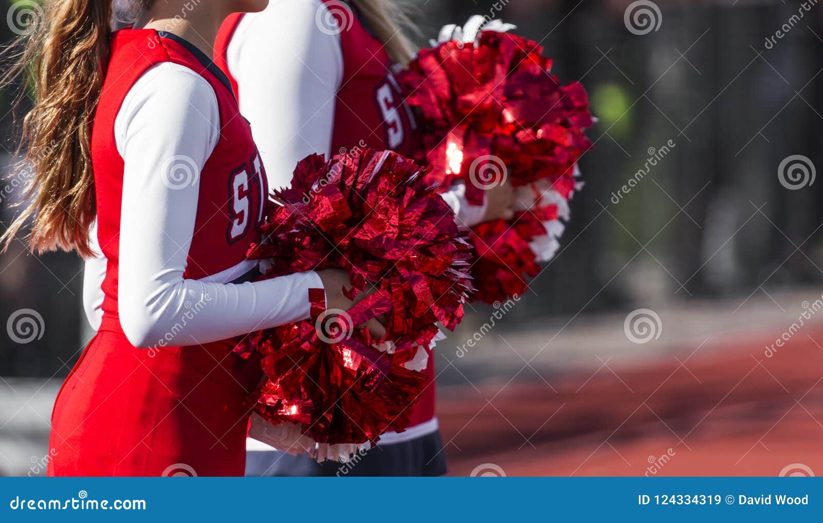 Two Cheerleaders with Red White Pom Poms Stock Image Image of homecoming, blue: 124334319