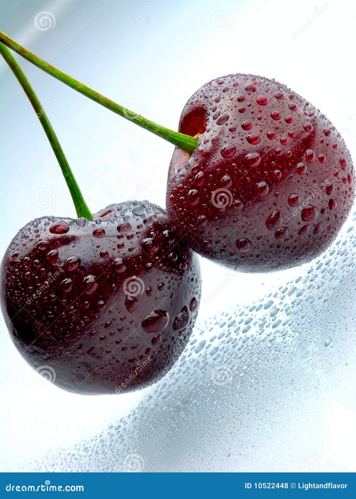 Two Cherries with Waterdrops on Light Blue Surface Stock Photo Image