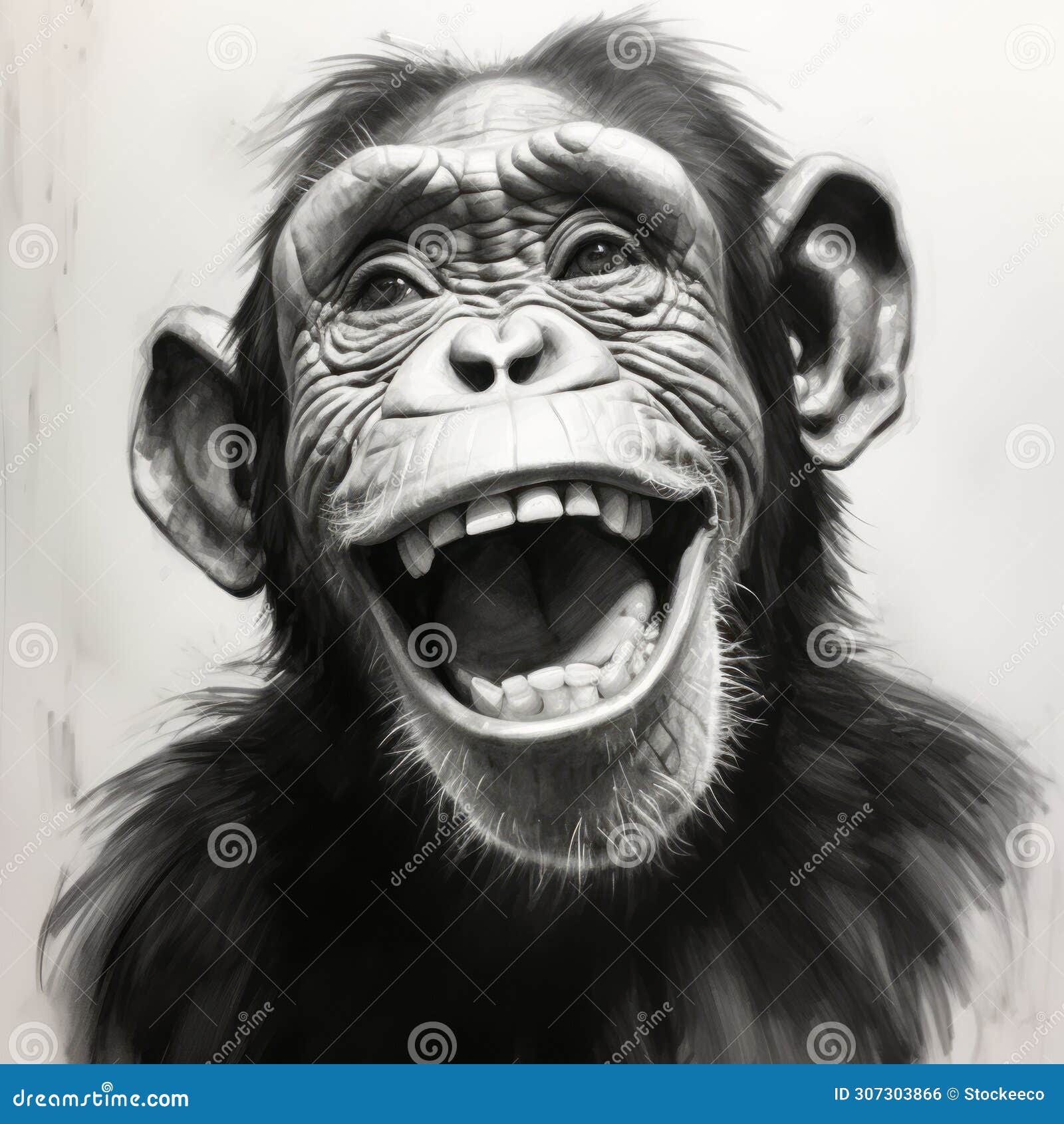 smiling chimpanzee speedpainting: a charcoal portrait in 8k resolution