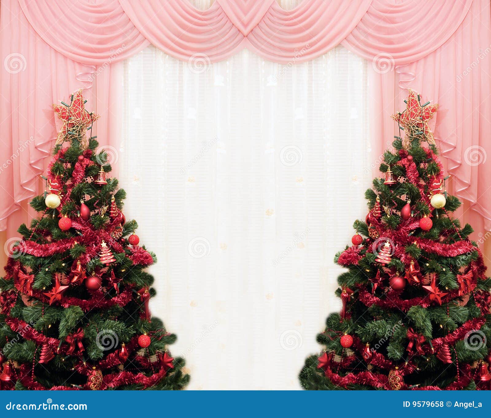 Two Christmas Tree and Curtains Stock Photo Image of pink, glow 9579658