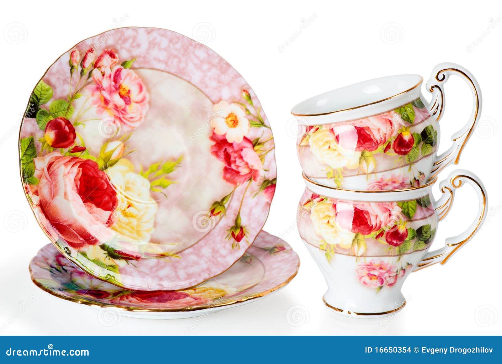 Two Coffee Cups and Saucers Decorated with Flowers Stock Photo Image