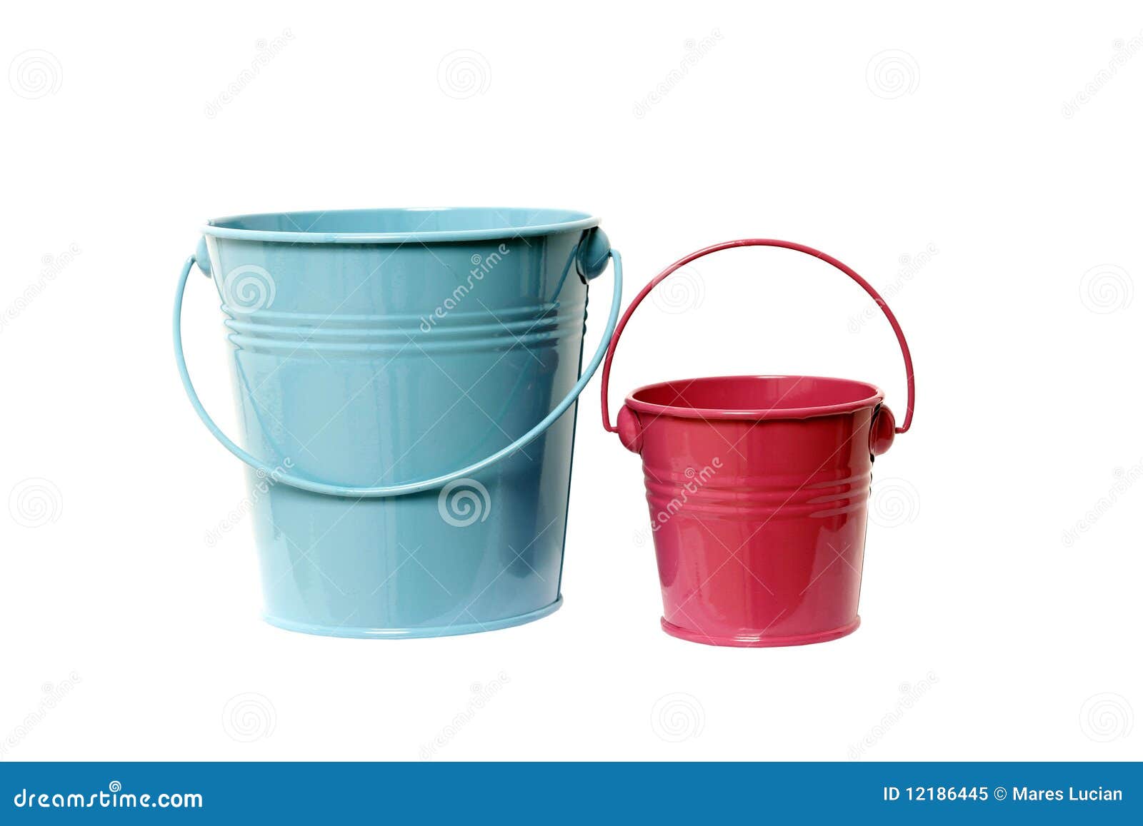 Three Different Colored Buckets With Handles Stock Photo