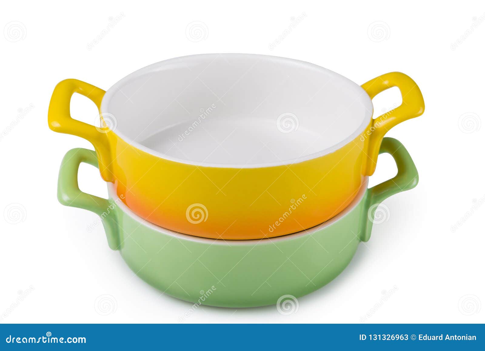 Two Colored Ceramic Pans Stacked on a White Background, Isolate