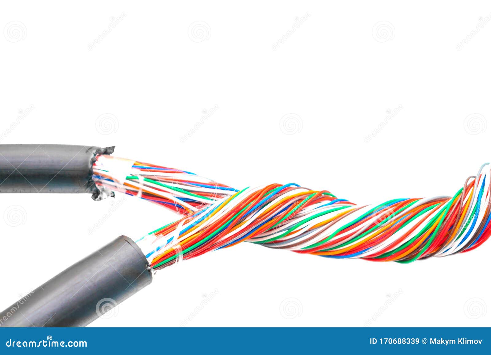 Two Colored Multicore Telephone Cables Intertwined. Mains