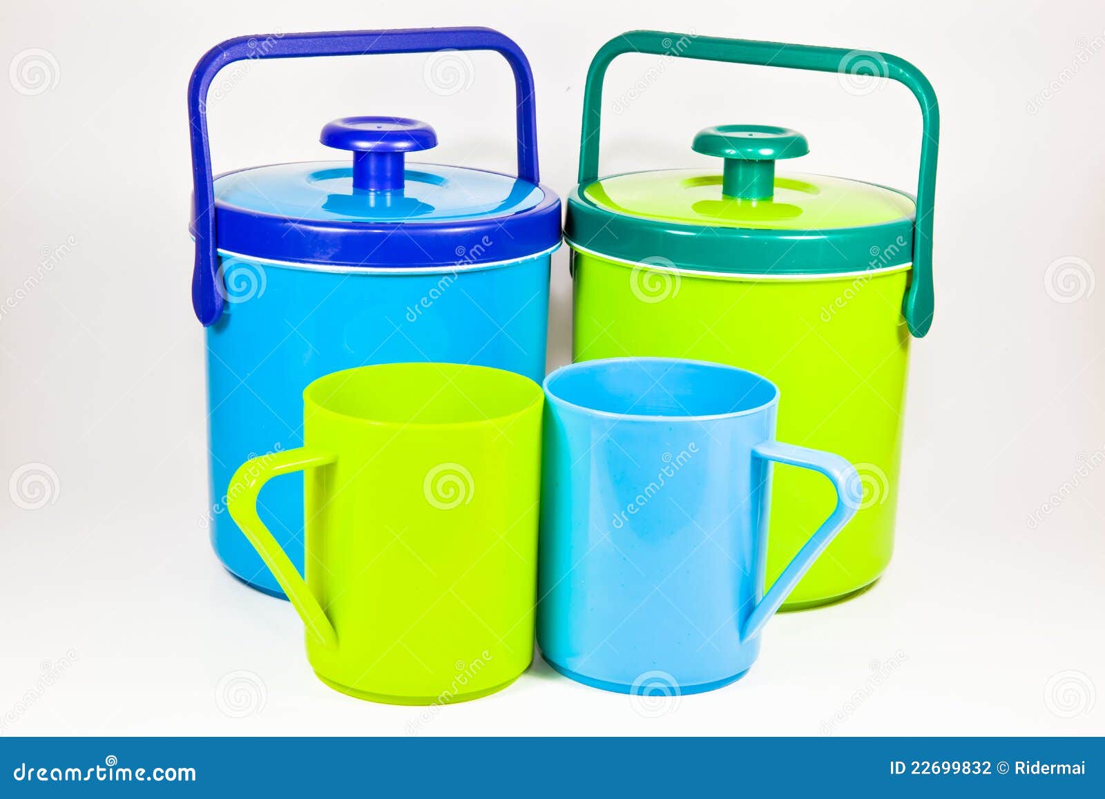 Two Colorful Plastic Water Canteens and Cups Stock Photo Image of overlap, flask 22699832