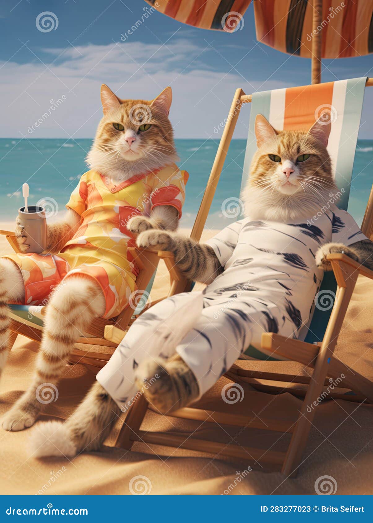 Two Cool Cats on Summer Vacation. Generative AI Stock Illustration