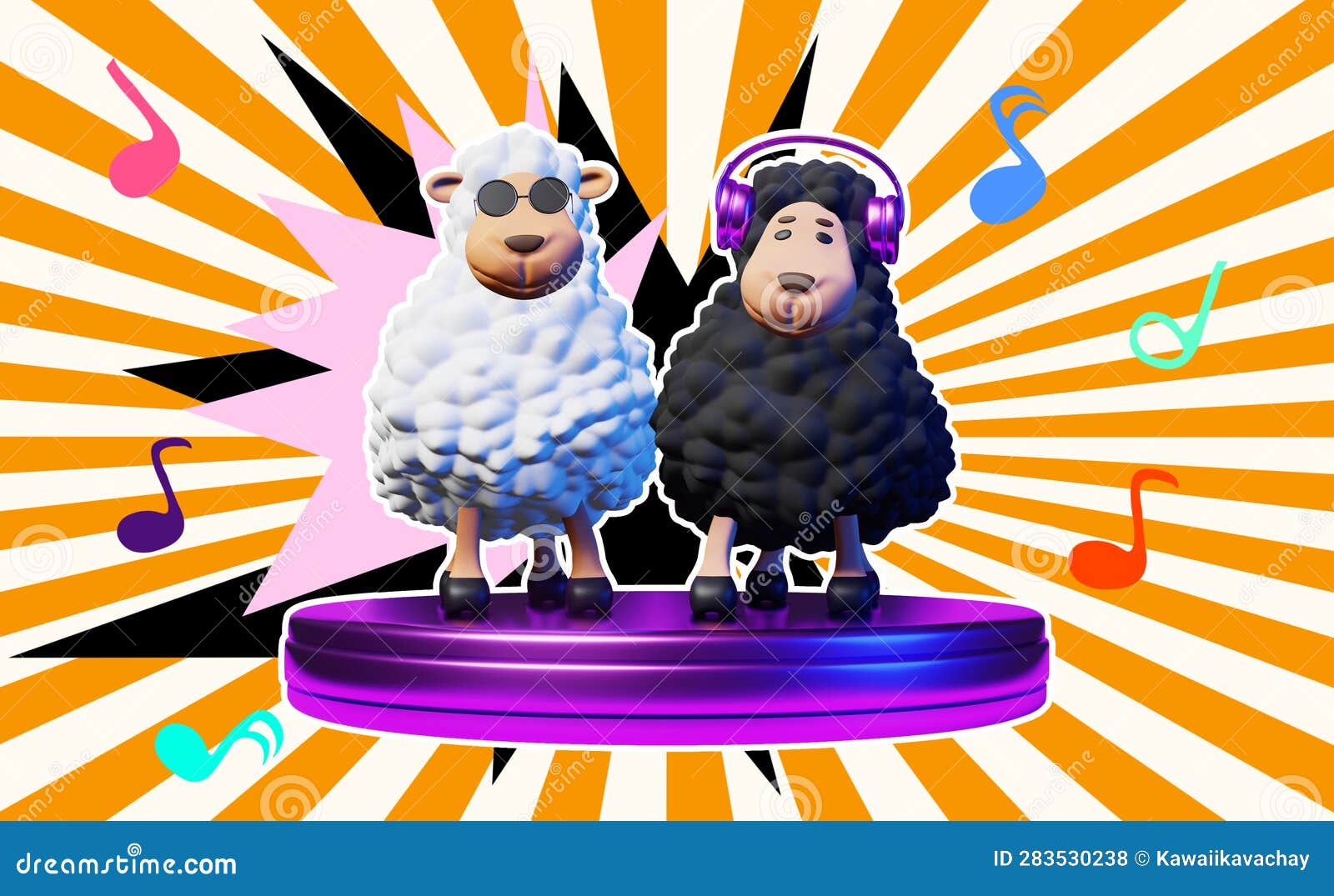 two cool dj sheep rhythmically dance playing music creative art collage music note sunburst background night club banner