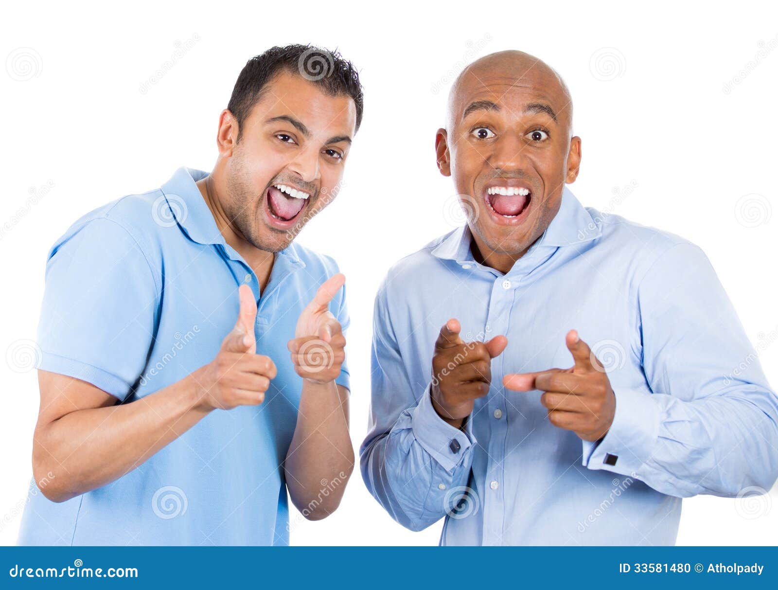 Two Cool Guys Pointing Fingers At You Gesture And Smiling Stock Photo ...