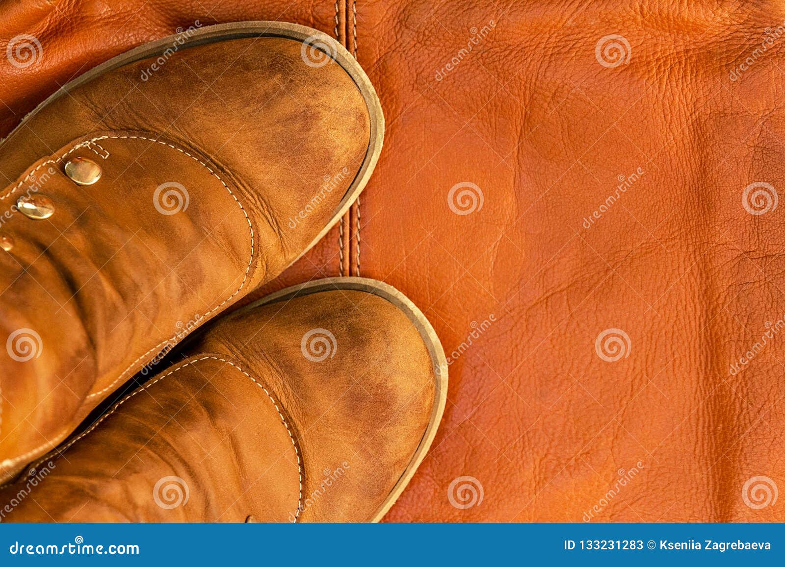 Brown Leather Shoes on Yellow Brown Background of Same Bag Stock Image ...