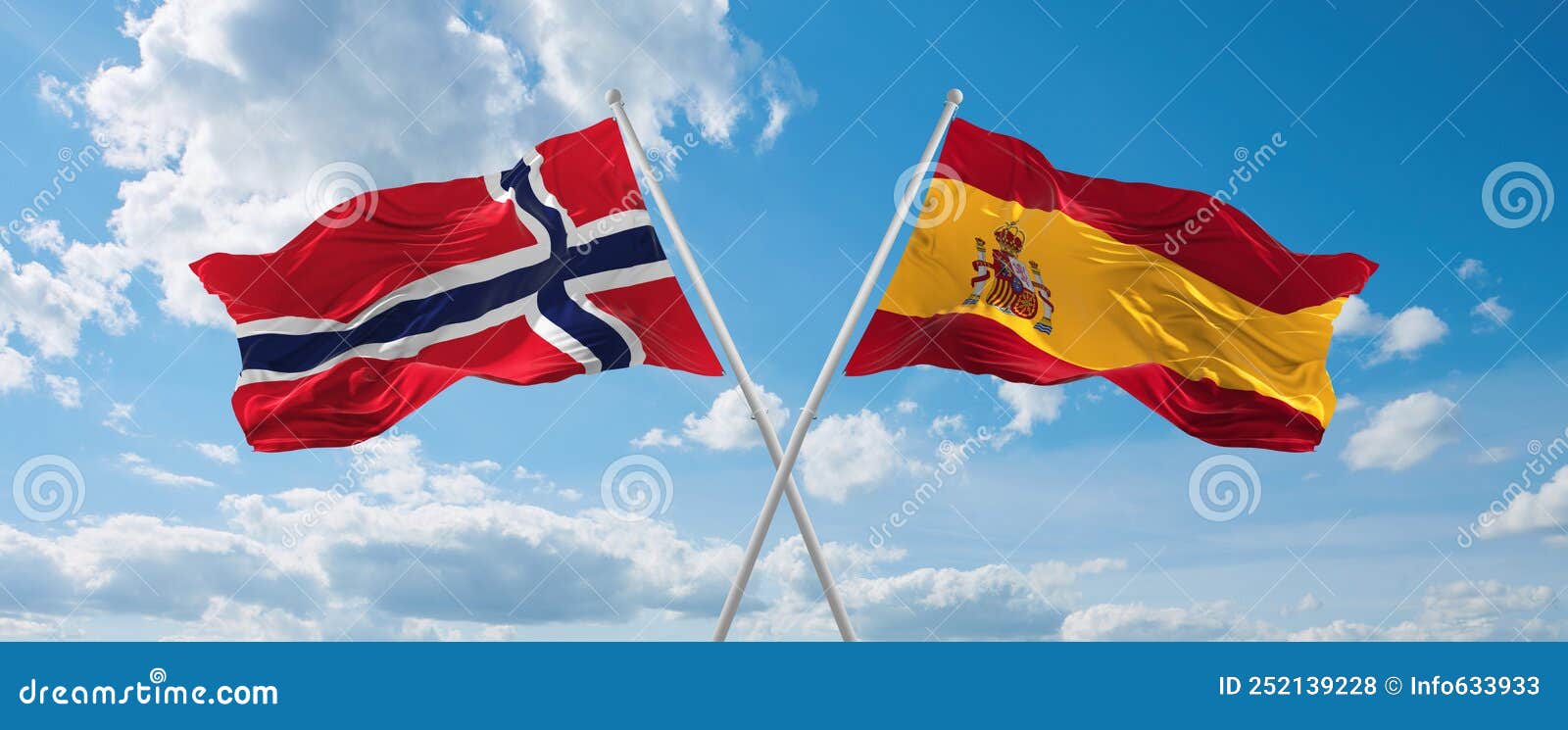 Two Crossed Flags Spain and Norway Waving in Wind at Cloudy Sky