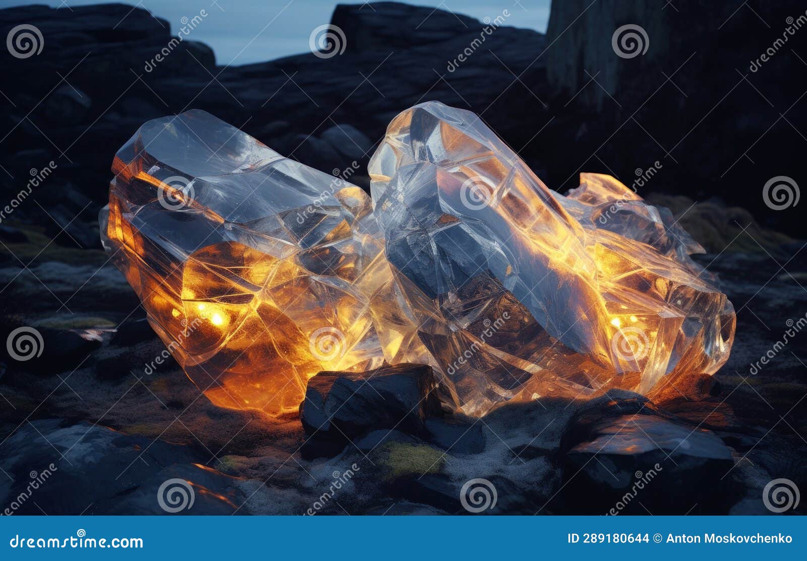 Two Crystals Glowing with a Warm Light from the Inside. Stock Photo