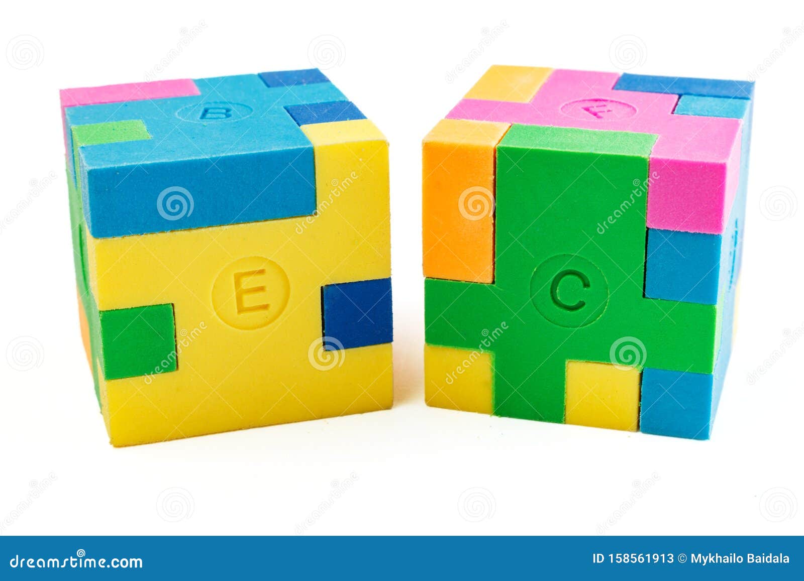 Two Cube Puzzle of Multicolored Rubber Shapes. Concept of Decision Making Process, Creative