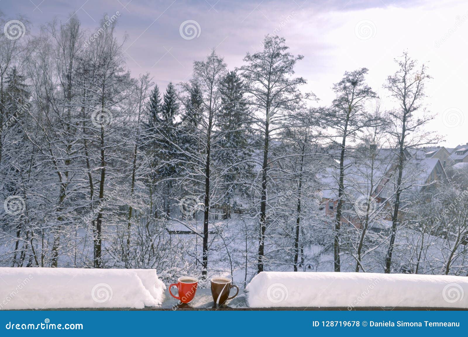 Download Coffee Mugs In Winter Scenery Stock Photo Image Of Christmas Comfort 128719678