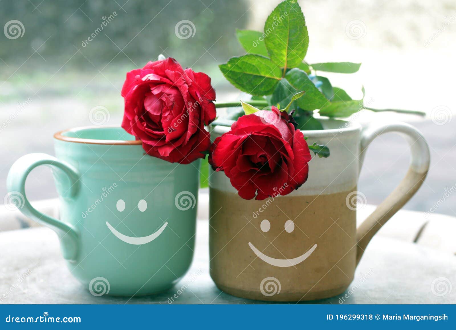Two Cups of Morning Coffee or Tea and Roses. Couple Cup with Happy ...