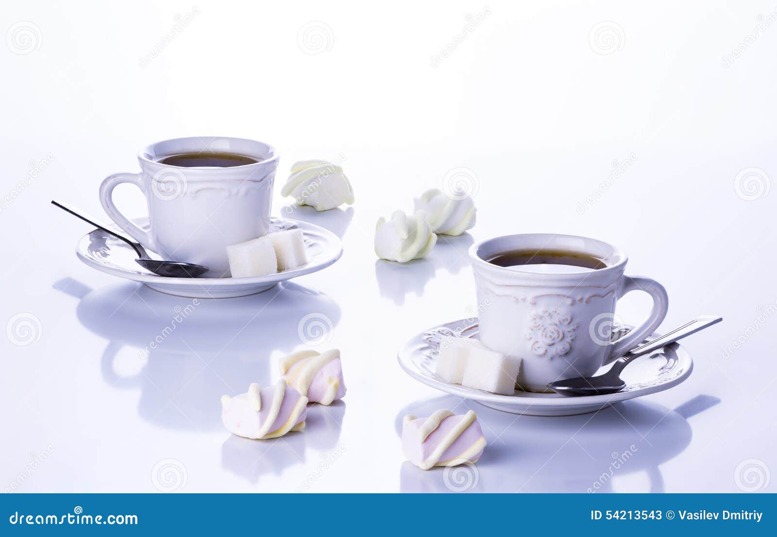 Two Cups of Tea with Sugar and Marshmallows Stock Image Image of
